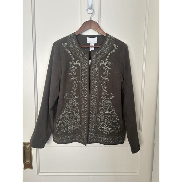 Susan Graver Embroidered Faux Suede Blazer Womens Size Medium Green Classic NWT - Picture 1 of 8